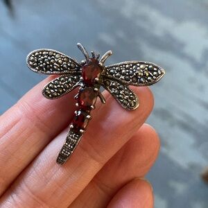 Sterling Silver Garnet Marcasite Dragonfly Brooch Pin
